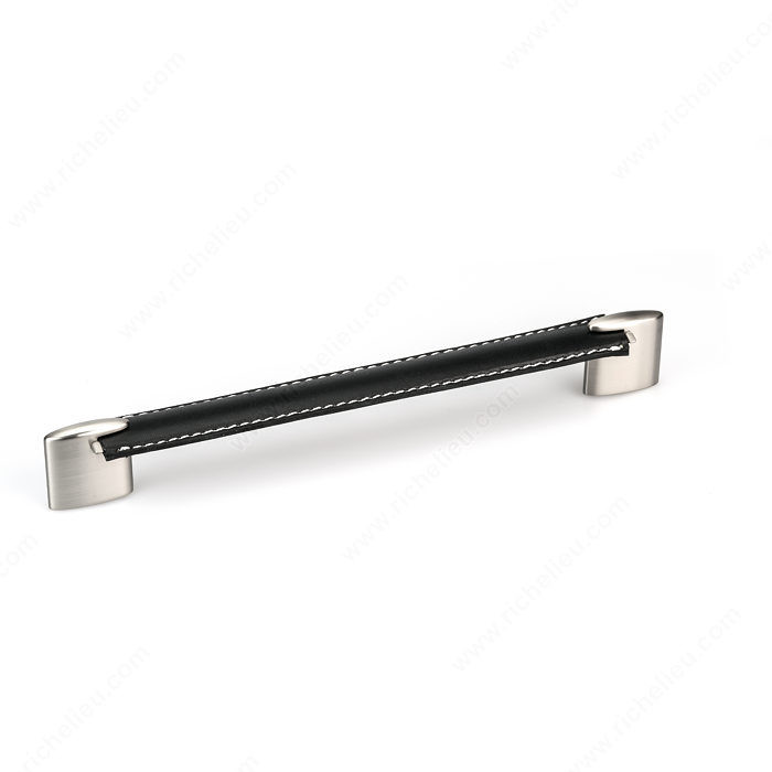 Contemporary Metal and Leather Pull - 745, Center to Center 224 mm, Finish Black / Brushed Nickel, Length - Overall Dimensions 268 mm