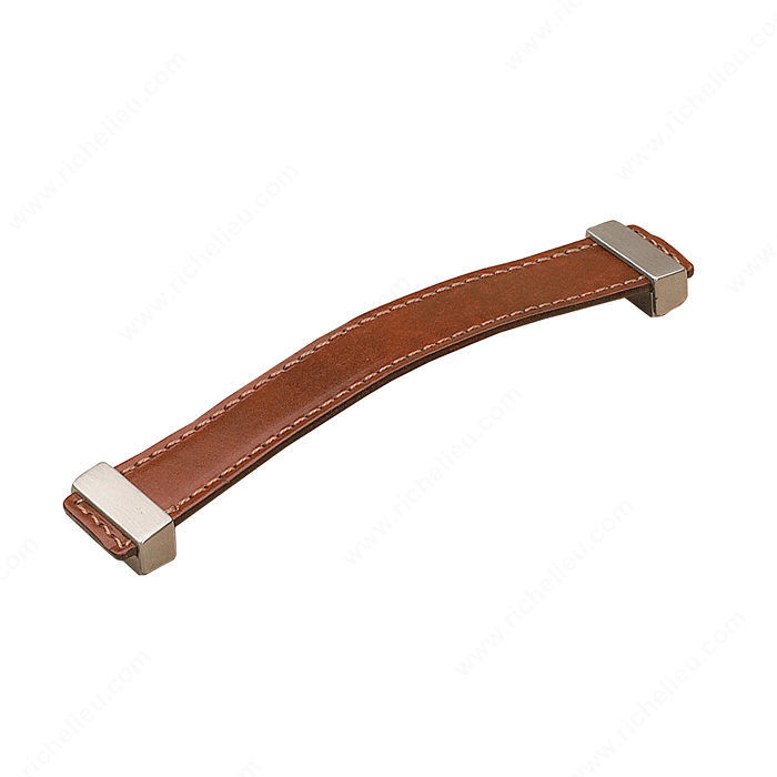 Contemporary Metal and Leather Pull - 7453, Finish Brown Leather / Brushed Nickel