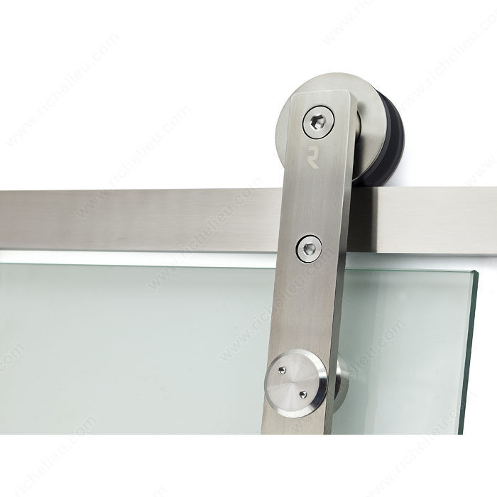CONNECT - Glass Door Wall Mount Sliding System, Strap mount with flat bar running rail for glass doors,