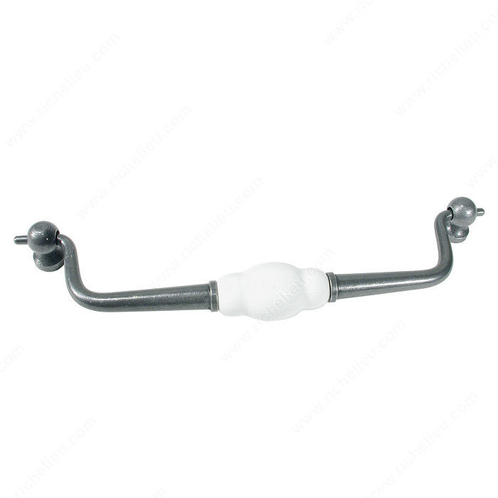 Traditional Iron & Limoges Porcelain Pull - 9401, Center to Center 180 mm, Finish Natural Iron / White, Projection - Overall Dimensions 46 mm