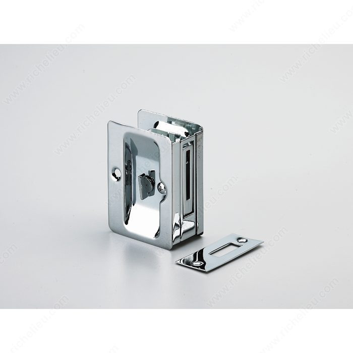 Pocket Door Pull with Privacy Lock - Rectangular, Compatible with left- hand and right- hand doors., Door Thickness 1 3/8 to 1 1/2 in, Finish Chrome