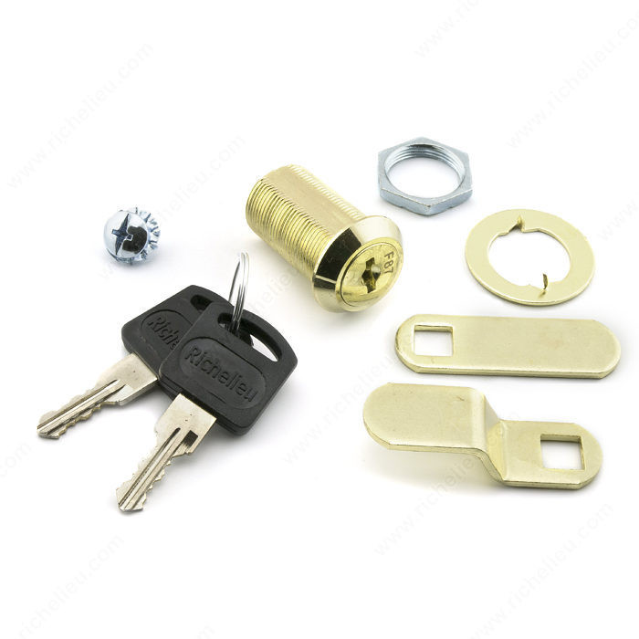 Cam Lock for Panel Thickness up to 23 mm, 90 degree opening, Key Type Keyed Different, Finish Brass, Cam Lock - Length to Axis 40 mm, Offset Cam - Height 9.5 mm
