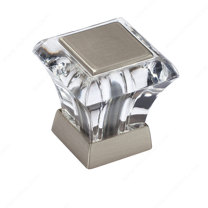 Eclectic Acrylic & Zinc Square Knob - 29460, Finish Glass / Caramel Bronze / Glass / Satin Nickel, Diameter 1 in