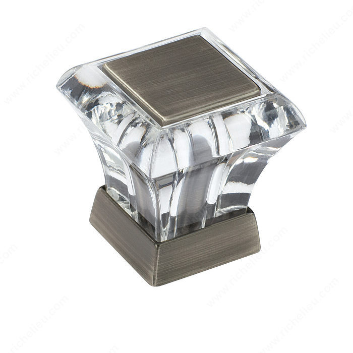 Eclectic Acrylic & Zinc Square Knob - 29460, Finish Glass / Caramel Bronze / Glass / Antique Silver, Diameter 1 in