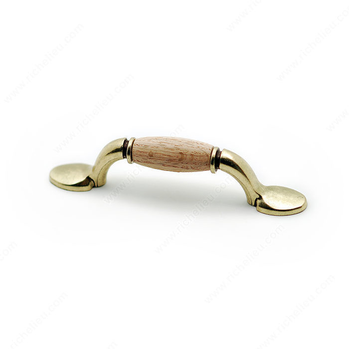 Traditional Metal and Wood Pull - 3801, Finish Burnished Brass / Oak, Unfinished, Screw/Nail 8/32 (Included) PRO-PACK 3