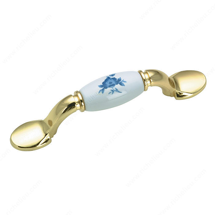 Traditional Metal and Ceramic Pull - 3802, Finish Brass / Blue Flower PRO-PACK 2