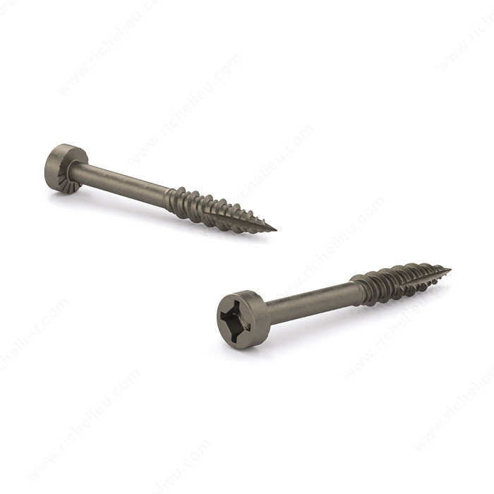 Plain Wood Screw, Fillister Head with Serration, Quadrex Drive, Hi-Low Thread, Type 17 Point, Plain Pocket screw, Length 1 1/2 in
