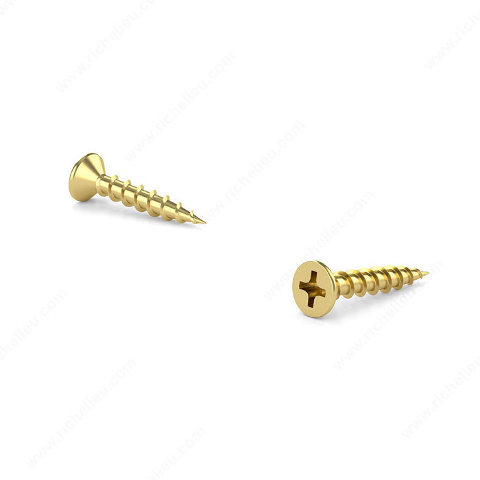 Colored Wood Screw, Flat Head, Phillips Drive, Coarse Thread, Screws with various metal finishes for hinges and slides, Screw Size 6, Length 5/8 in, Finish Brass Plated, Head Size no. 6