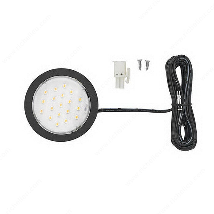 1.5W Pockit LED Puck Light 12VDC, With mounting ring, Kelvin Color Temperature Warm White: 3,000? K, Light Color Warm White, Finish Black