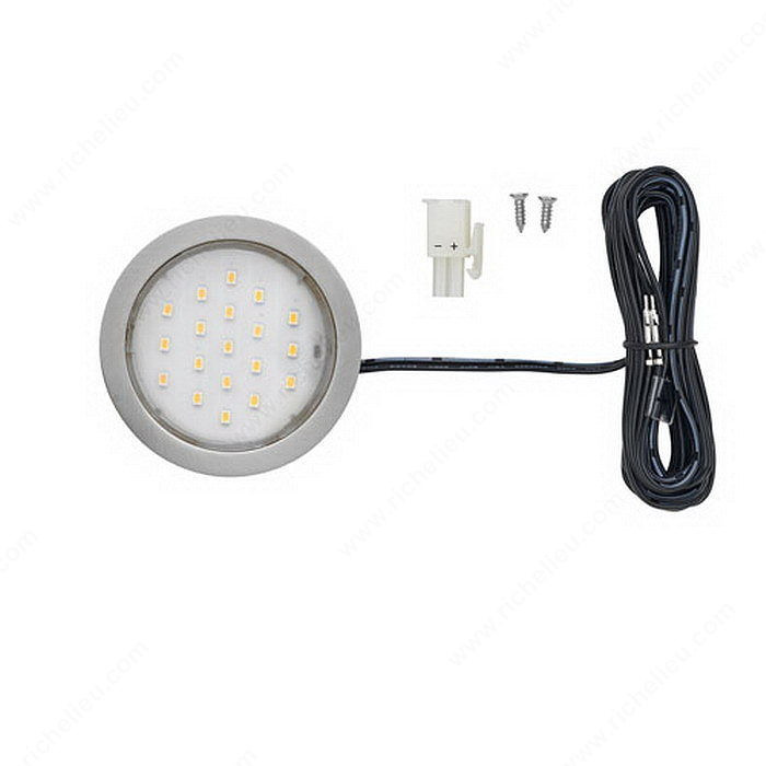1.5W Pockit LED Puck Light 12VDC, With mounting ring, Kelvin Color Temperature Warm White: 3,000? K, Light Color Warm White, Finish Nickel