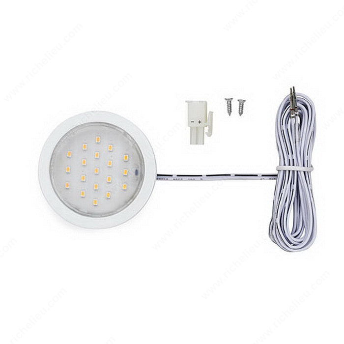 1.5W Pockit LED Puck Light 12VDC, With mounting ring, Kelvin Color Temperature Warm White: 3,000? K, Light Color Warm White, Finish White