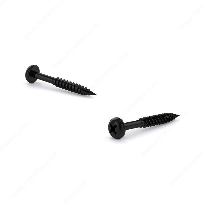 Black Zinc-Plated Wood Screw, Pan Head, Phillips Drive, Regular Thread, Type 17 Point, Black zinc plated self- drilling assembly screw, Length 1 1/2 in, Head Size no. 8