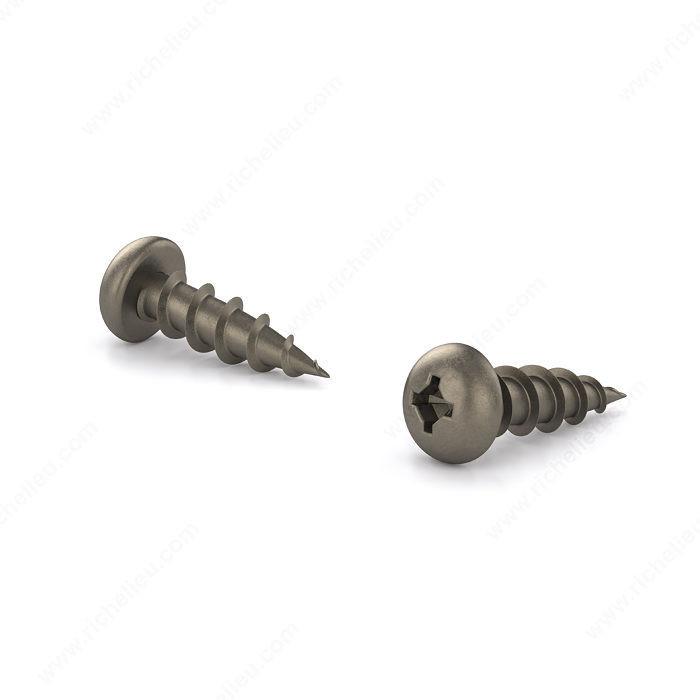 Plain Wood Screw, Pan Head, Quadrex Drive, Coarse Thread, Regular Wood Point, Installation screw without plating, Screw Size 8, Length 9/16 in, Function Hinges and Hardware, Head Size no. 8
