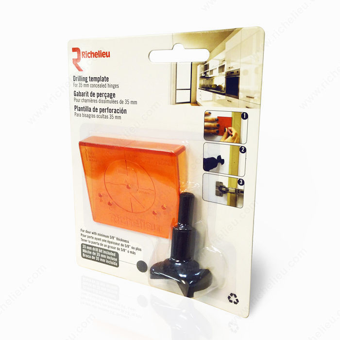 Drilling Template for Euro Hinges, Designed for 3 mm concealed hinges for doors with minimum 5/8" thickness.,
