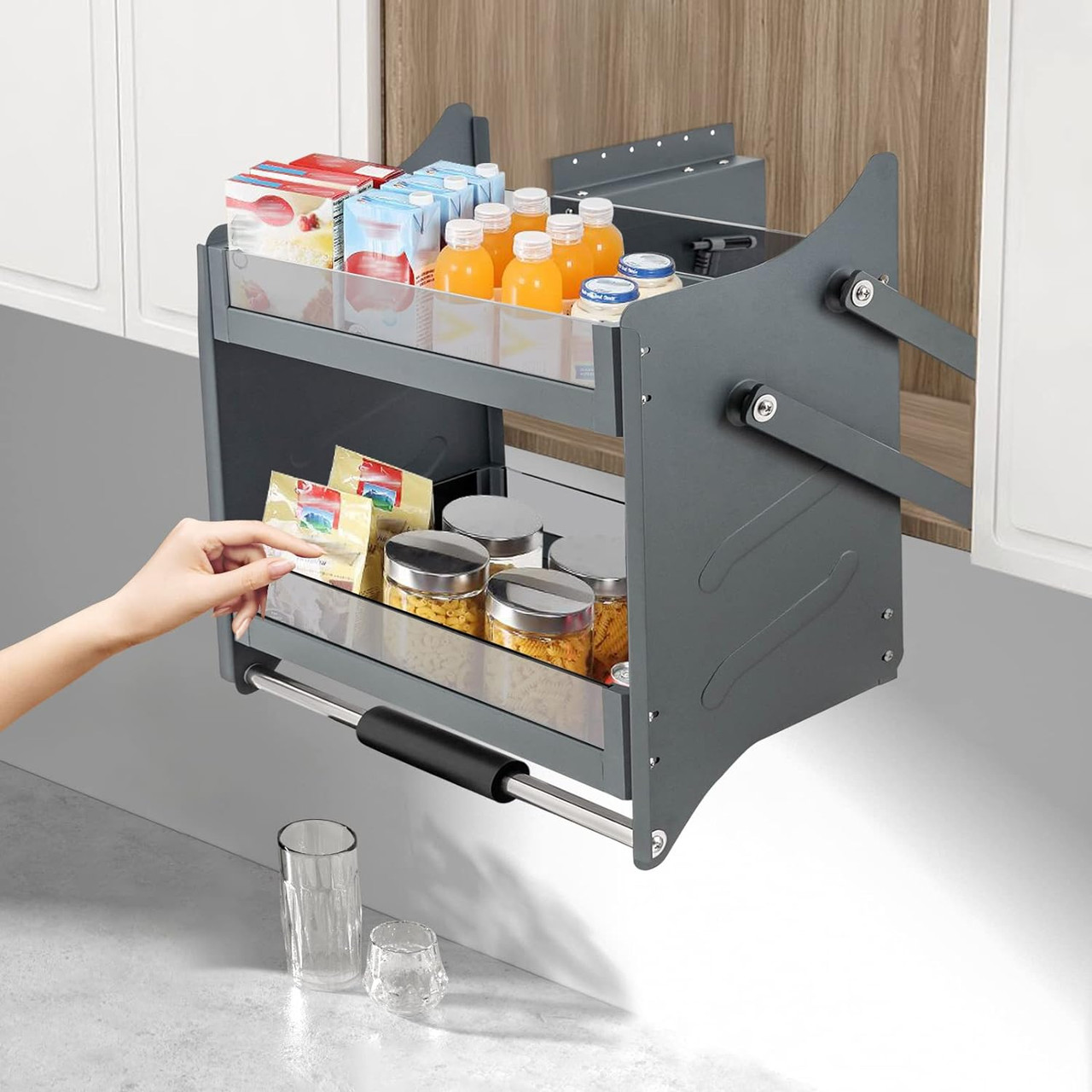 Custom made PULL down Cabinet Organizer "Dolche", multi Tier Kitchen Cabinet Pull Down Shelf Spice Rack Organizer, For Kitchen Bar Cafe Cabinets, CHOOSE WIDTH Load 26.4 Lbs, minimum Depth 12"required, pull-Down Lift Shelf